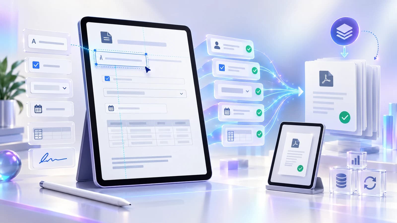 Interactive form fields being placed on a document and transformed into validated reusable PDF outputs