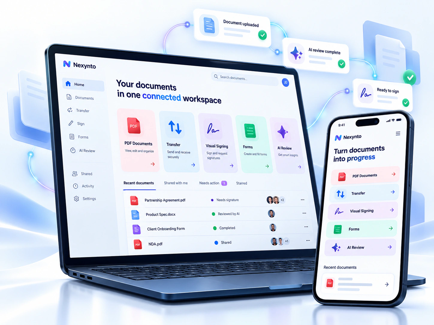 Nexynto connected document workspace displayed across a laptop and mobile phone