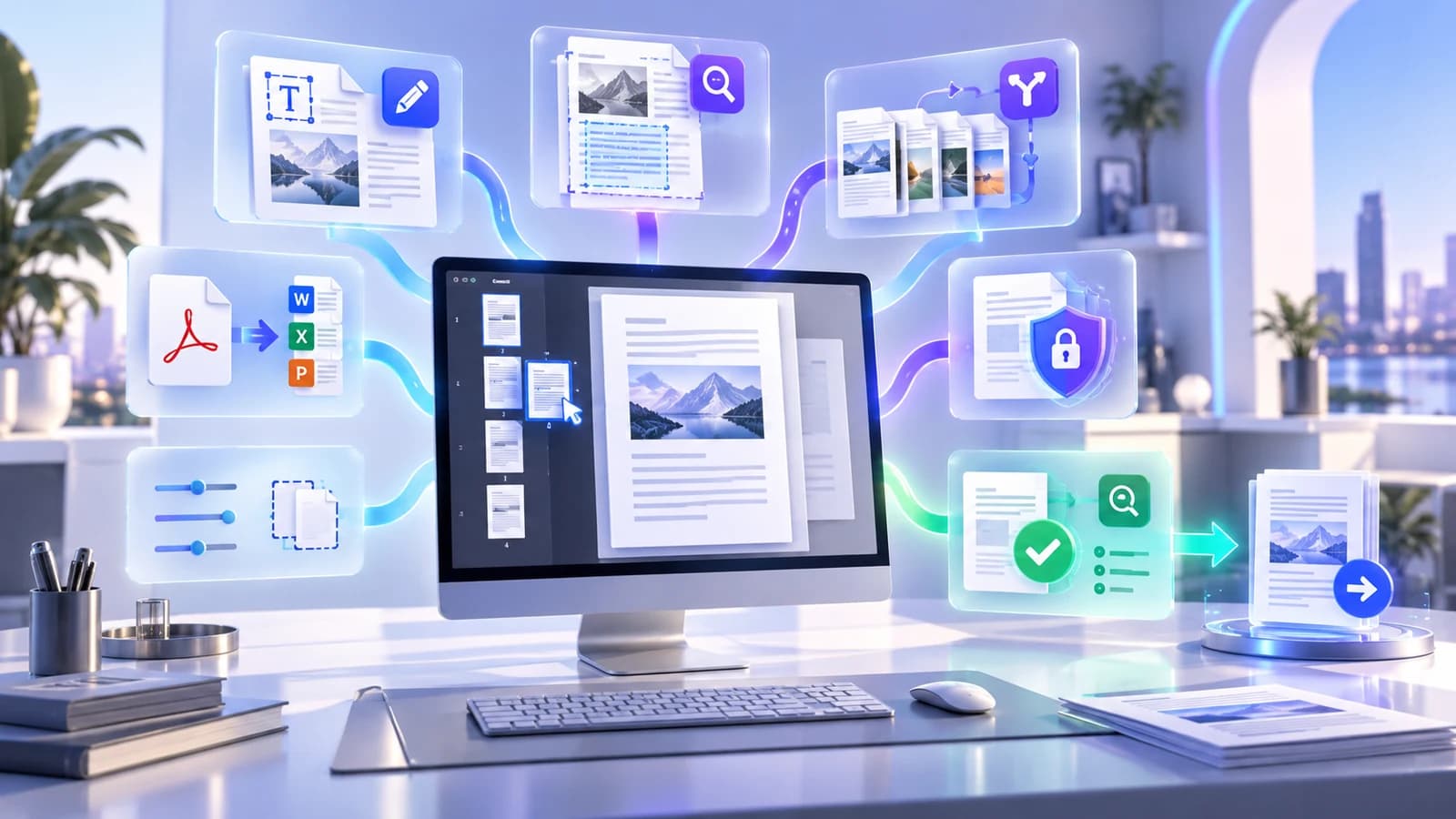 A central PDF document connected to editing, OCR, conversion, page organization, protection and verified result workflows
