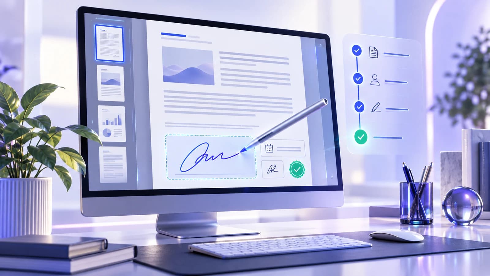A PDF agreement receiving a visual signature, initials and date in a polished desktop signing workspace